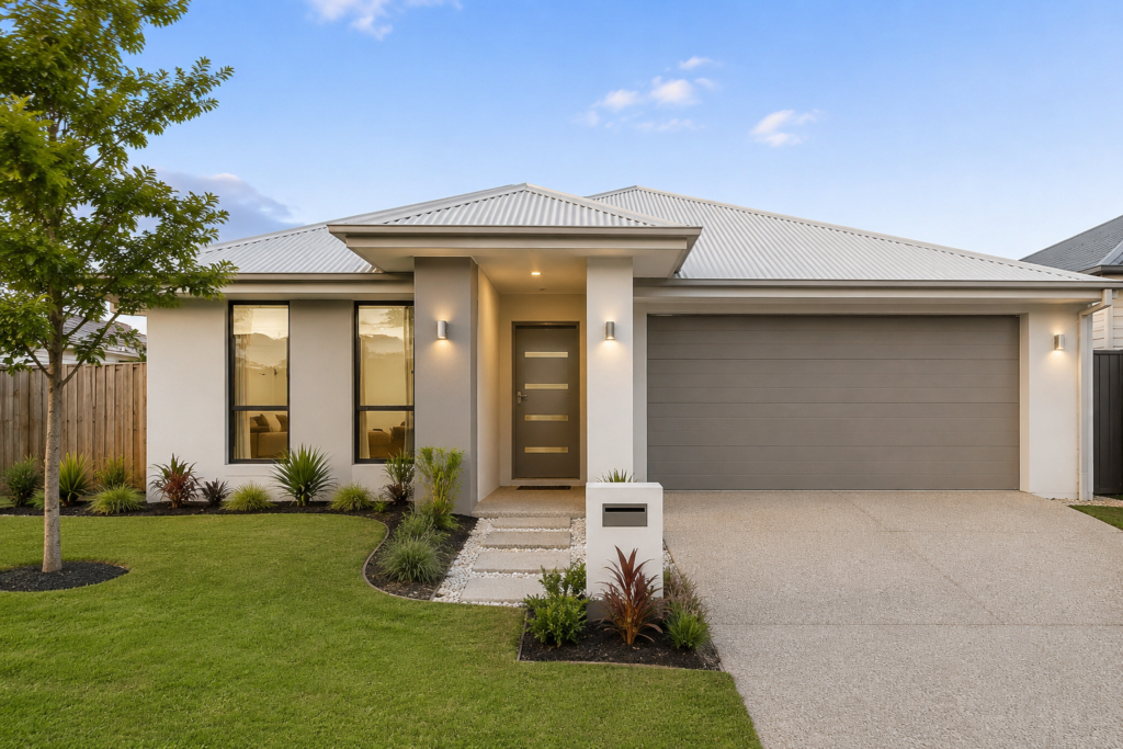 Modern single-storey Australian home with a neutral exterior, metal roof, double garage, landscaped front yard and simple contemporary design.