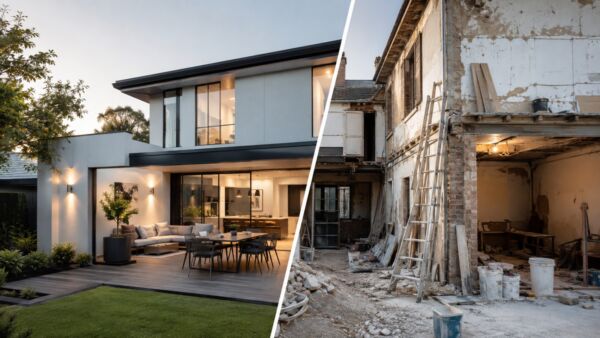 Split image showing a modern Australian home beside an older property undergoing renovation, illustrating the difference between a newer build and a renovator property for short-term rental investment.