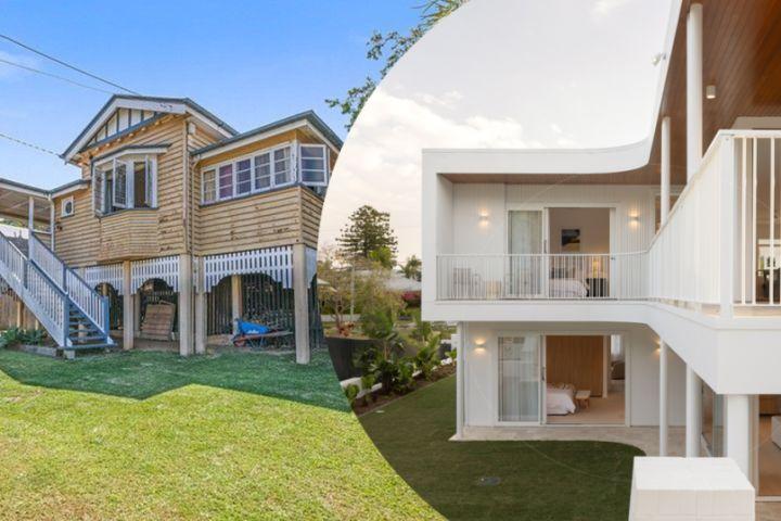 Split image comparing an older raised timber house with a modern contemporary home, illustrating the difference between older and newer properties for short-term rental investment.
